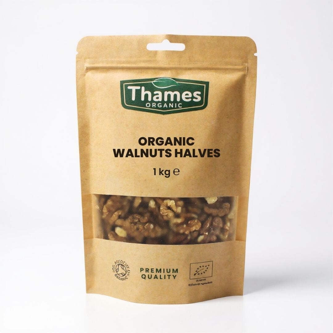 – Organic Walnuts Halves - High Fibre, High Protein, Raw, Vegan, GMO Free, Certified Organic, No Additives or Preservatives - Perfect for Snacking or Baking - Thames Organic 1kg