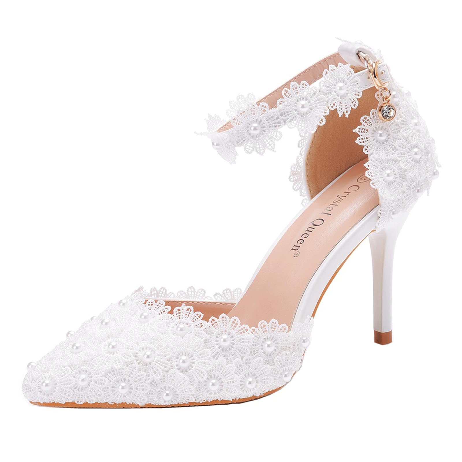 Escarpins mariée anti-glisse en dentelle blanche à brides en perles - 8