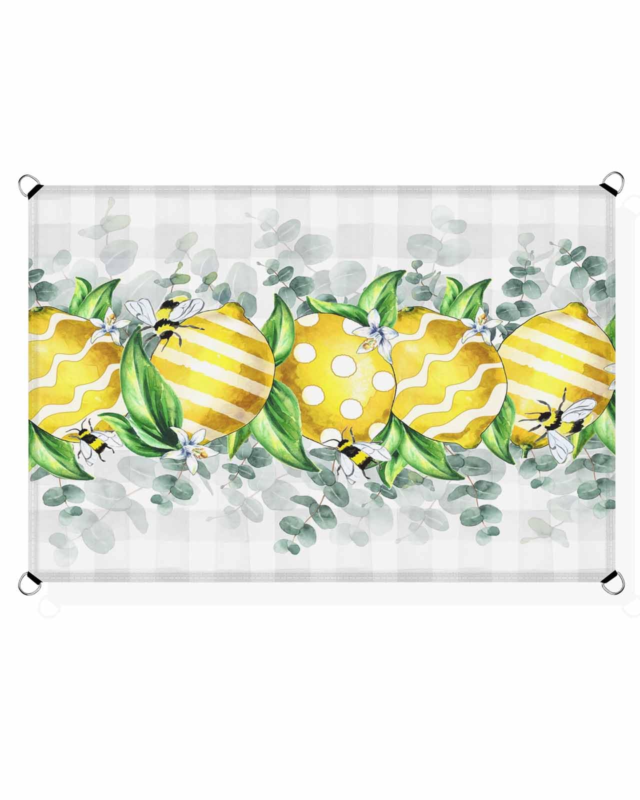 Boanket Sun Shade Sail 8' x 10', Summer Lemon Rectangular Waterproof Outdoor Sun Shades, Watercolor Teal Eucalyptus Leaves Bee Plaid Shade Cloth for Patio Deck Terrace Garden Lawns Beach Backyard