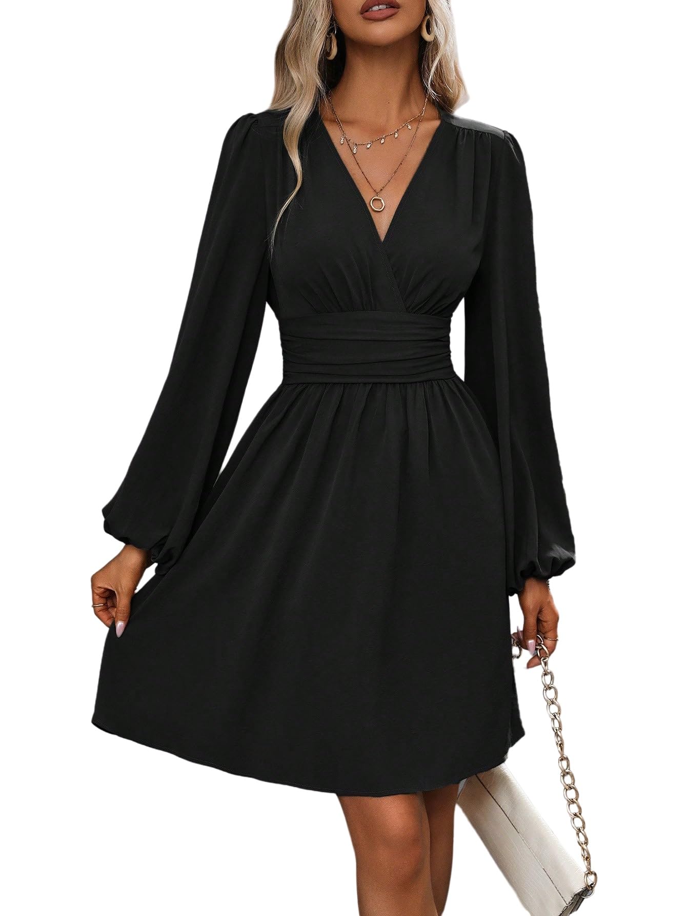 SweatyRocks Kleider Damen Festlich Langarm Wickelkleid Winterkleider Elegant Kleid A Linie Minikleid Hochzeitsgast Kleid Bürokleidung