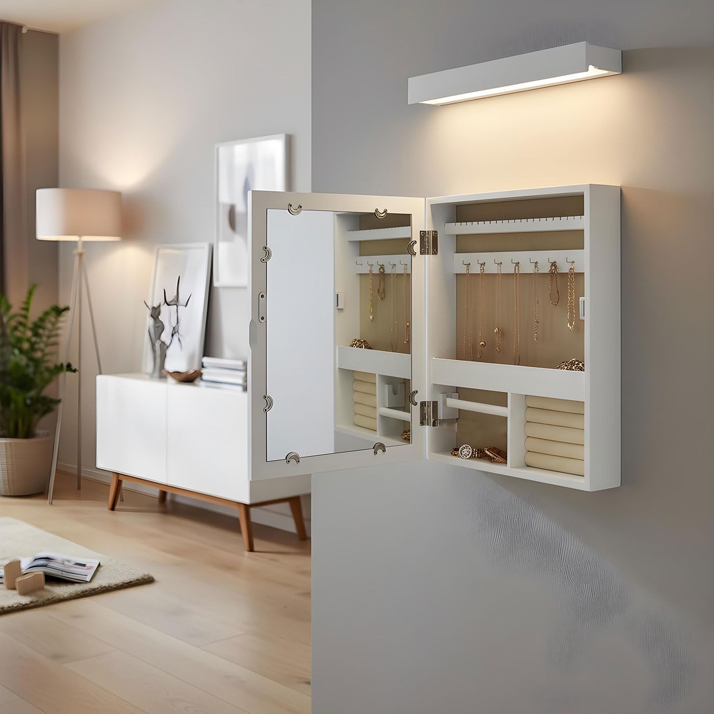 Schmuckschrank Weiß H45cm Bilderrahmen 5 Fotos MDF Holz Schmuckkasten Spiegel Wanddeko Spiegelschrank Schmuckaufbewahrung Organizer Ketten Ringe Ohrringe
