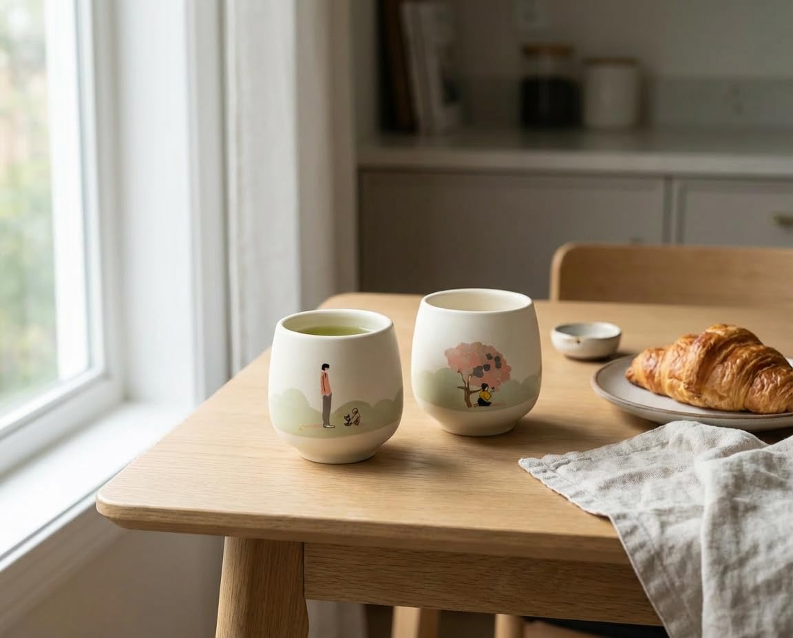 Sommer Set! - Keramik Trinkbecher, 110ml, 2-er Keramik set, Elfenbeinweiß, Japanische Teetasse, Kaffee, Nachtisch, Snacks