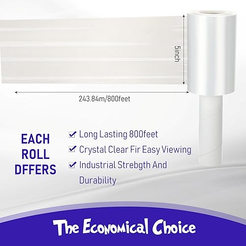 Miniatura 10 de Paquete de 20 rollos de envoltura retráctil de plástico con mango de 5 pulgadas, 800 pies, calibre 80, grueso industrial, mini envoltura