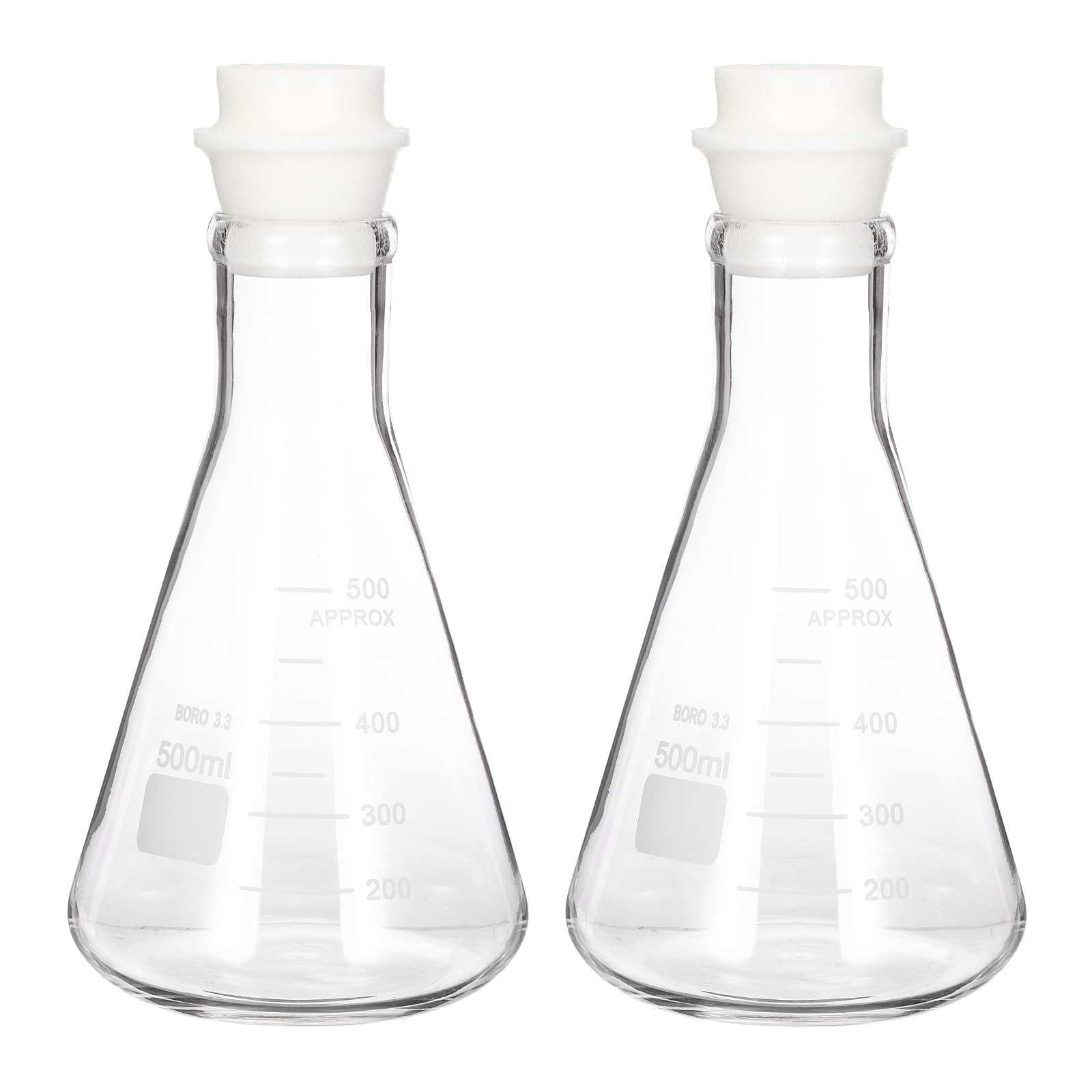 PATIKIL 500ml 16.9oz Flacone Conico A Bocca Stretta, 2Pcs Vetro Borosilicato Con Tappo In Silicone A Nucleo Sabbioso Flaconi Graduati Con Misura Stampata Per Laboratorio, Trasparente.