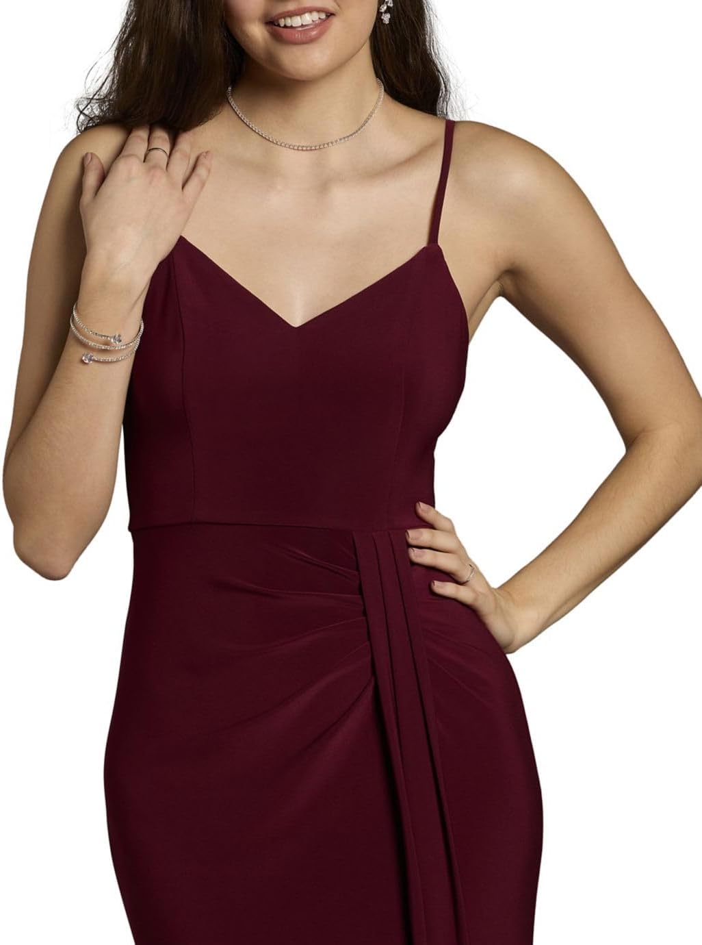 David's Bridal Jersey V-Neck Ruched Sheath Dress - Image 3