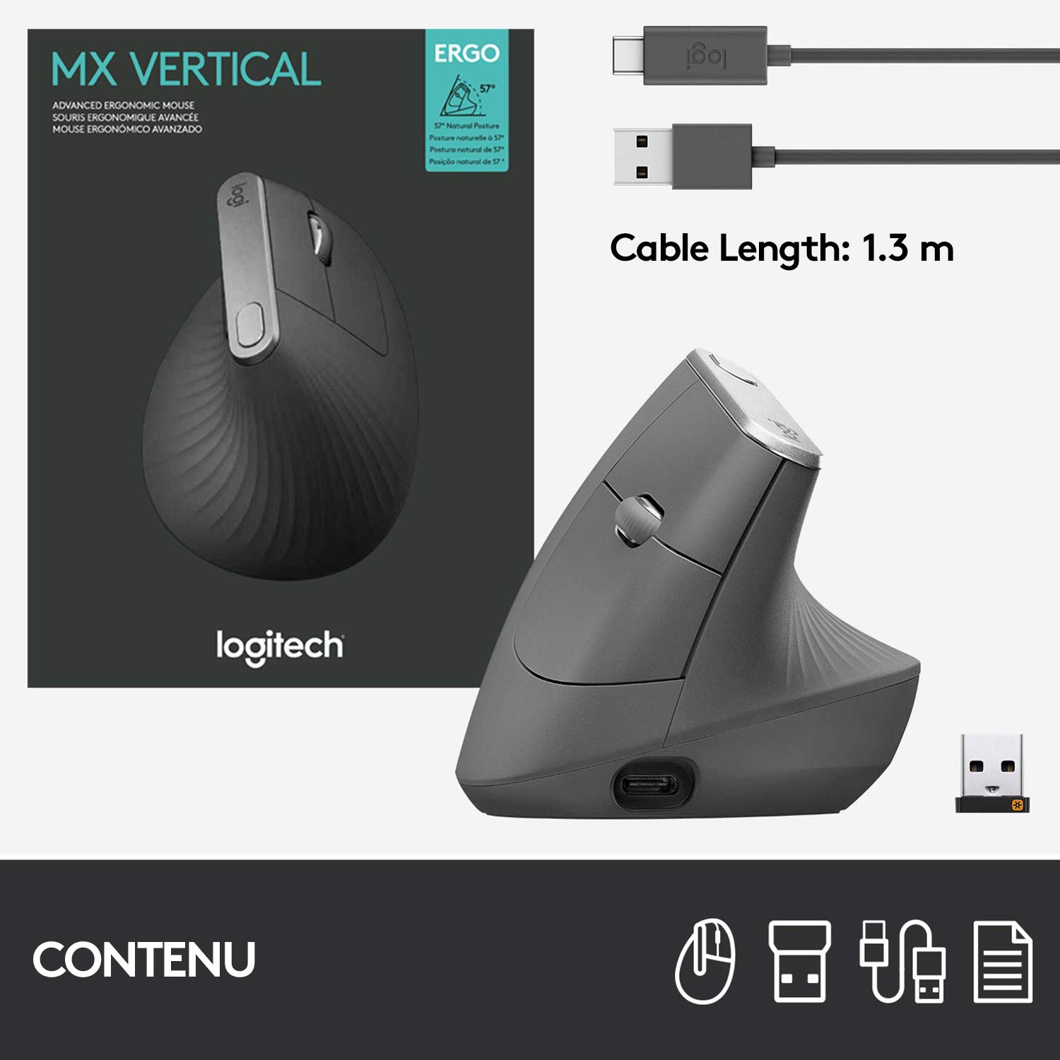 Logitech MX Vertical Souris Ergonomique sans Fil, Multi-Dispositifs, Bluetooth ou 2,4 GHz avec Récepteur USB Unifying, Suivi Optique 4000 PPP, 4 Boutons, Charge Rapide,Portable/PC/Mac/iPad OS-Graphite