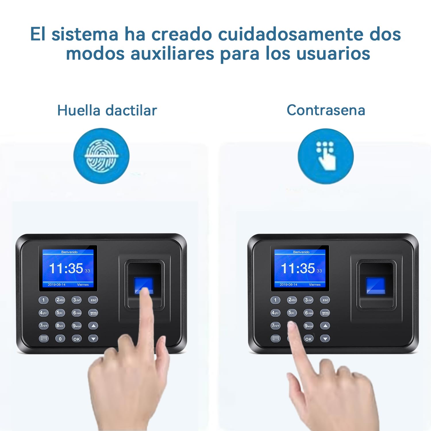 Control Horario Empleados, Reloj de Fichar, Maquina de Fichar, Fichaje Empleados con Sistema Española LCD Memoria de 8GB, con Capacidad de 1000 Huellas de fichar (No se Requiere Internet)