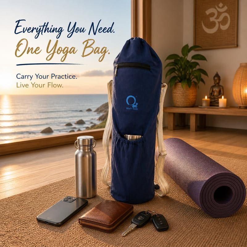 Image of O2 Yoga Mat Bag | Basic Style Cotton Yoga Mat Carry Bag with Adjustable Double Straps | Bottle Holder & Zipper Pocket | Yoga Mat Cover Bag for Women & Men | Fits 2mm-10mm Mats - Midnight Blue