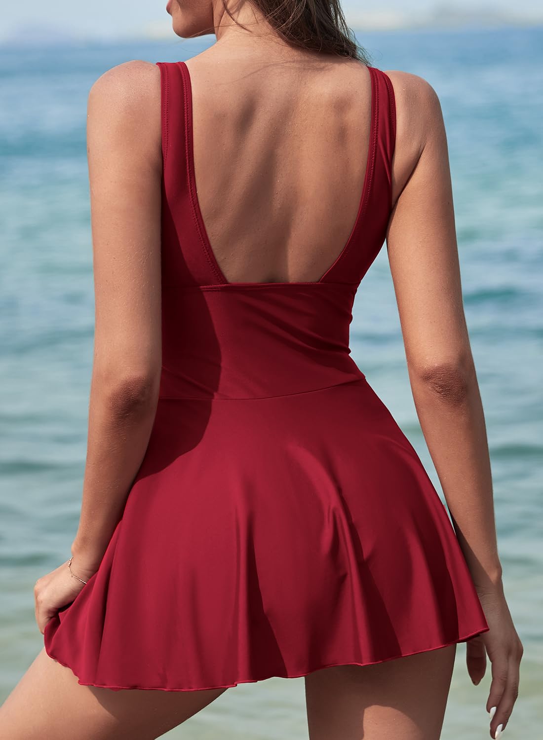 SHEKINI Costume da bagno intero da donna con scollo a V con gonna increspata Plus Size Costume da bagno per il controllo della pancia Scoop Back Costume da bagno