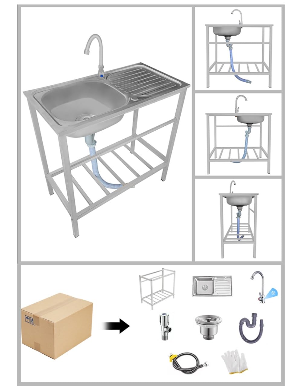 Fregadero Exterior Jardin Fregadero De Acero Inoxidable 304 Independiente con Grifos Kit De Desagüe Fregadero De Cocina Comercial 1 Seno Fregadero Simple Al Aire Libre con Soporte Fácil De Limpiar