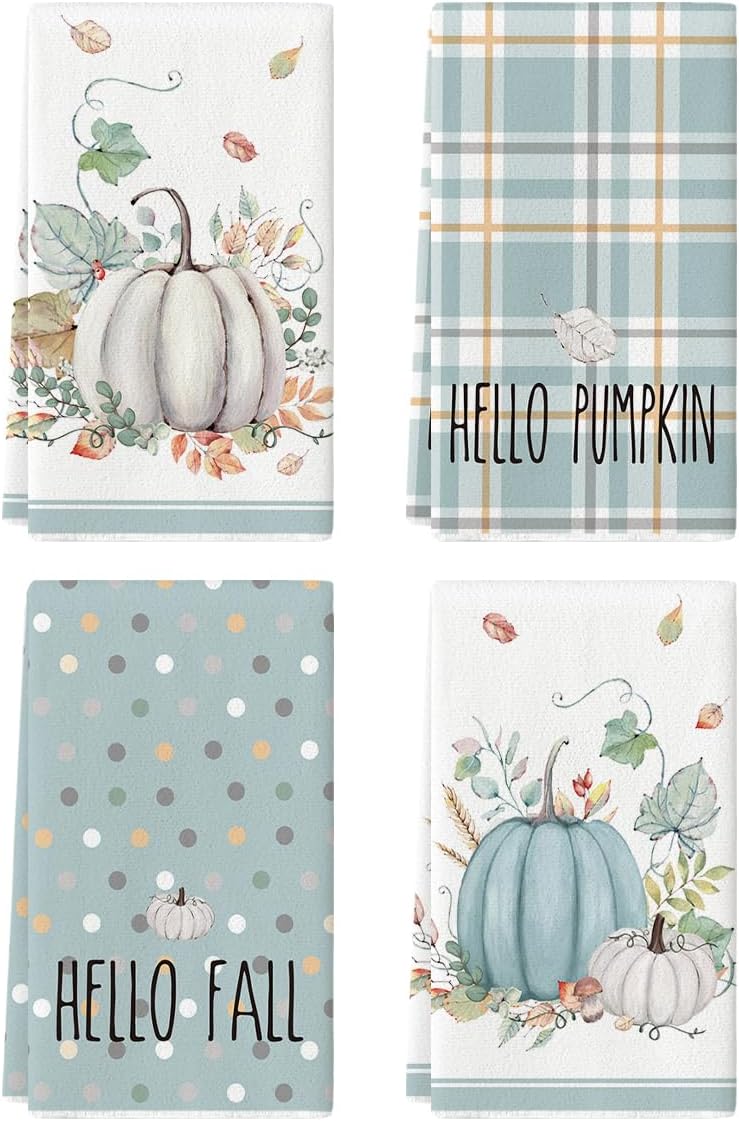 Fall Kitchen Towels Set Of 2 - Pumpkin Bouquet Farmhouse Design, 18x26 Inch, Super Soft & Absorbent Dish Towels