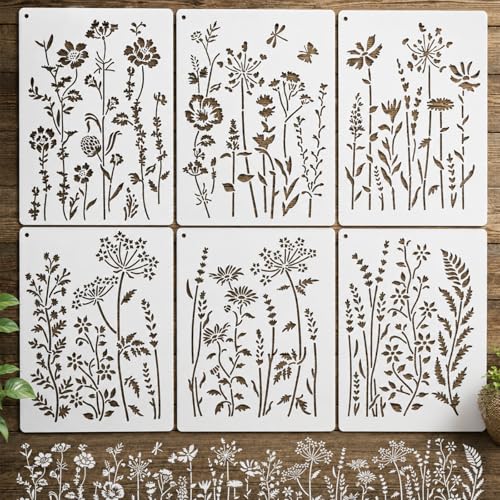 6Pcs Large Wildflower Stencils for Painting Reusable Floral Stencil Templates for Walls Wood Signs Furniture Canvas and DIY Home Decor Crafts (Large Flower)