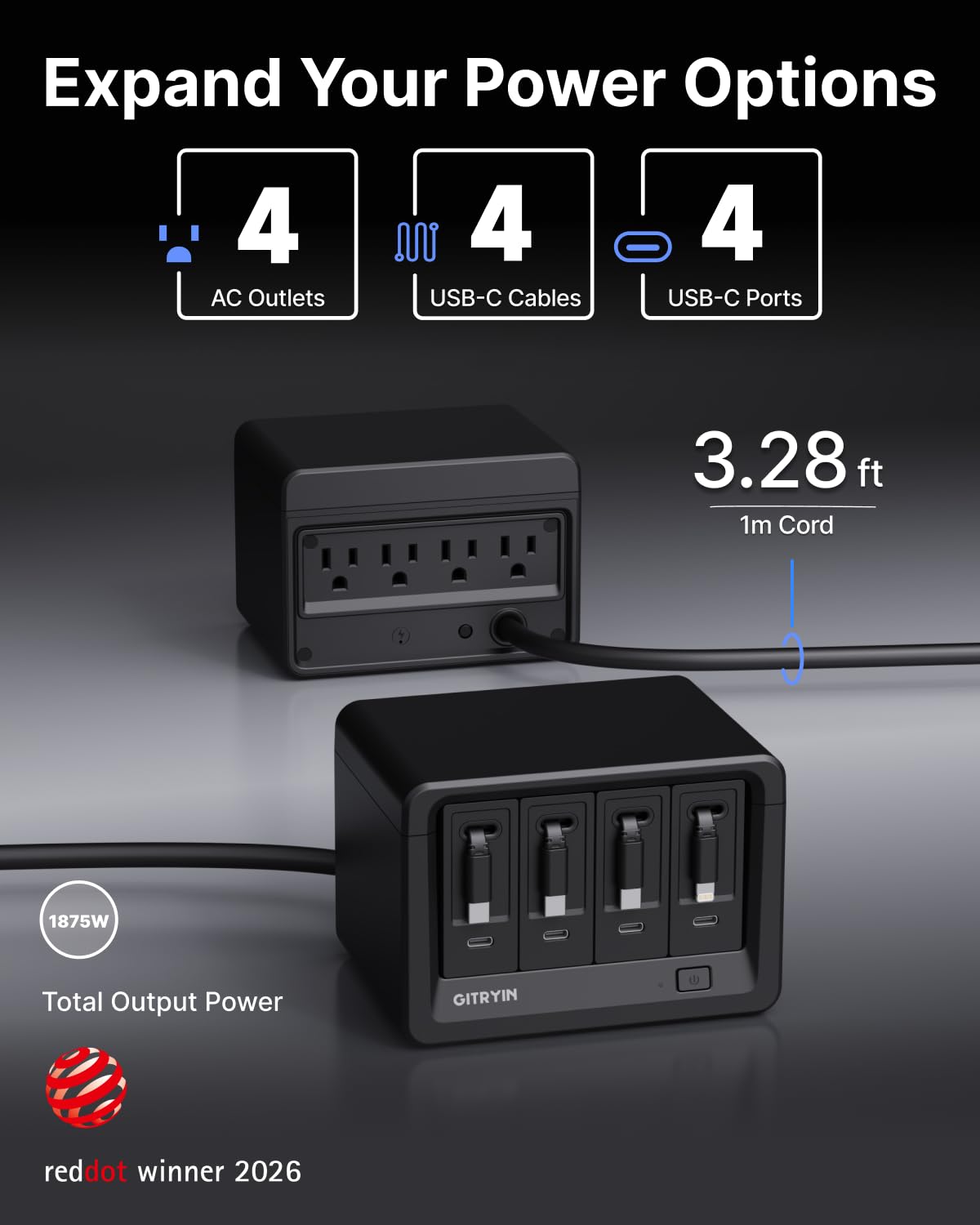 Gitryin Stacja ładująca 12 w 1 z 4 wysuwanymi ładowarkami ściennymi typu C, listwa zasilająca USB-C 40 W z płaską wtyczką, przedłużacz z ochroną przeciwprzepięciową 1020J, do domowego biura