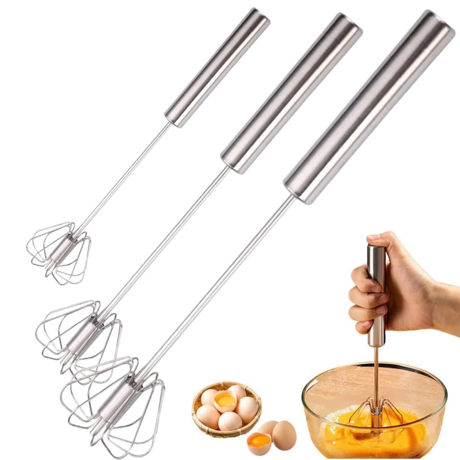 Frusta per uova in acciaio inox, 2025, frullatore a mano, frullatore per uova, miscelatore a spinta per frullare, sbattere e mescolare, gadget da cucina (frusta, 25,5 + 30,5 + 35,6 cm)