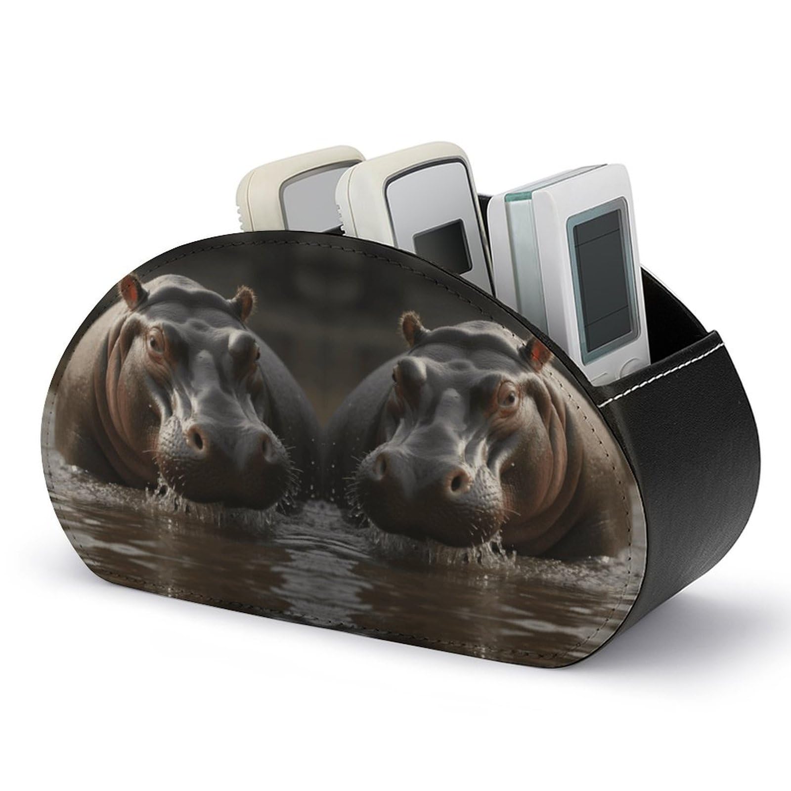 VstaDank Hippo Remote Control Holder with 5 Compartments PU Leather Remote Caddy Desktop Organizer Store TV Remote Control Storage Box for Home Office Desk Nightstand