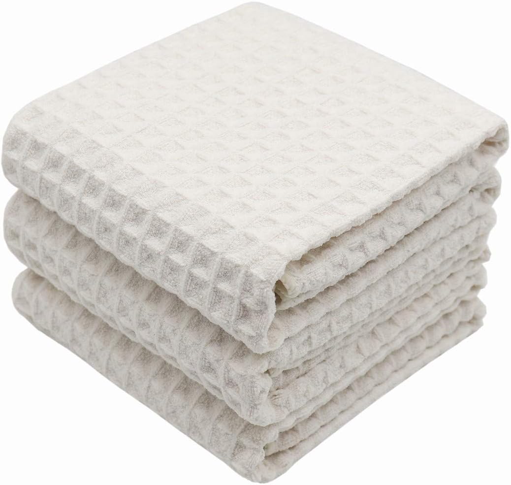 Waffle Weave Kitchen Towels Dish Towels, 3 Pack, 16x24 Inch, Beige