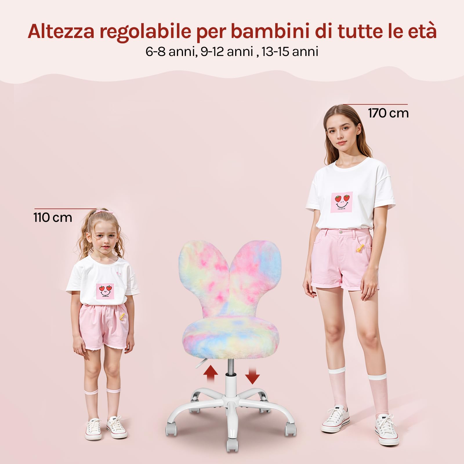WOLTU Sedia per Bambini a Forma di Coniglio, Sedia da Scrivania con Ruote, Girevole a 360°, Altezza Regolabile, Schienale Avvolgente, per Cameretta, Rosa Multicolore
