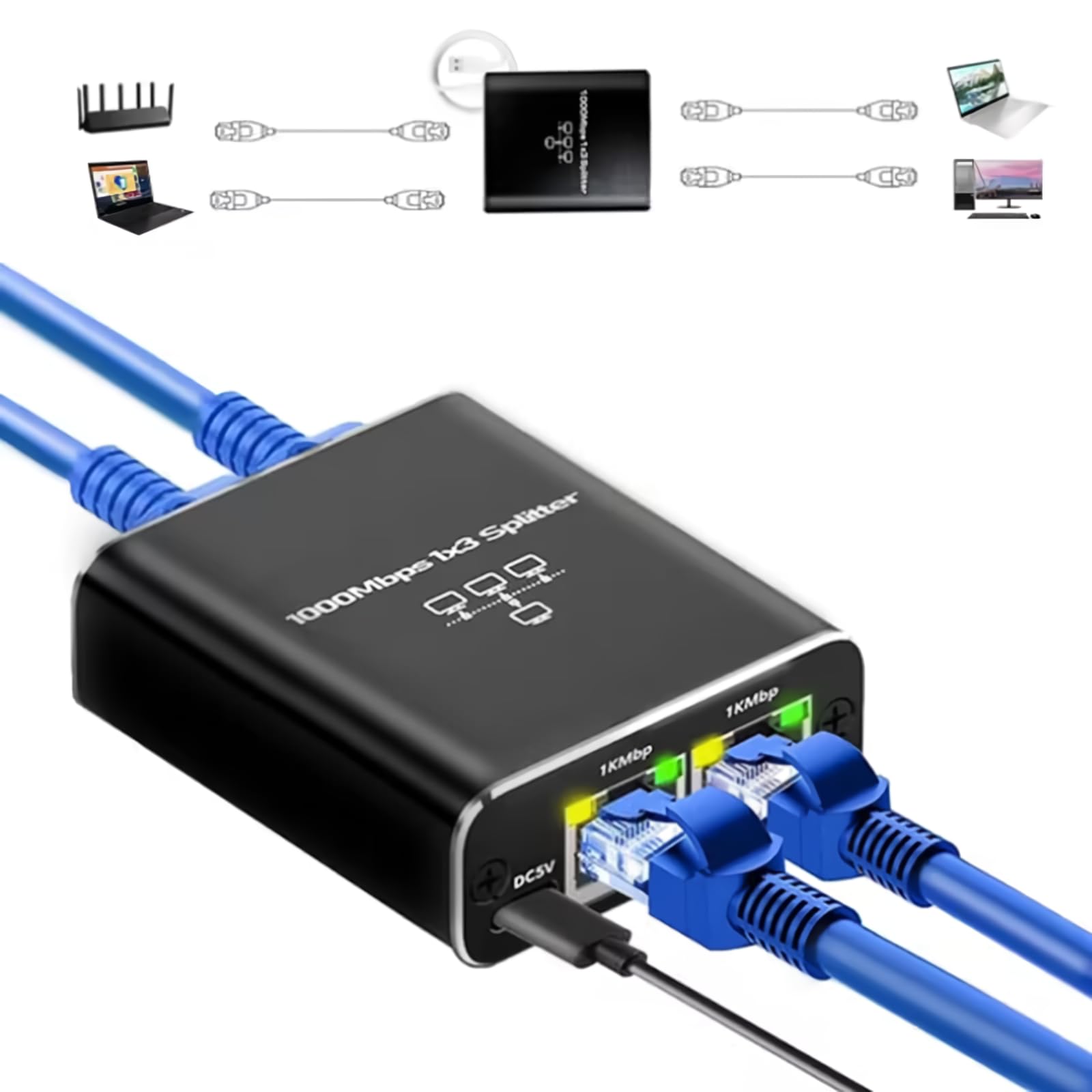Aimery Ethernet Splitter High Speed Gigabit, 1000Mbps Ethernet Splitter 1 to 3[3 Devices Simultaneous Networking], RJ45 Splitter Adapter with USB Power Cable, Internet Splitter for Cat5e/6/7/8 Cable