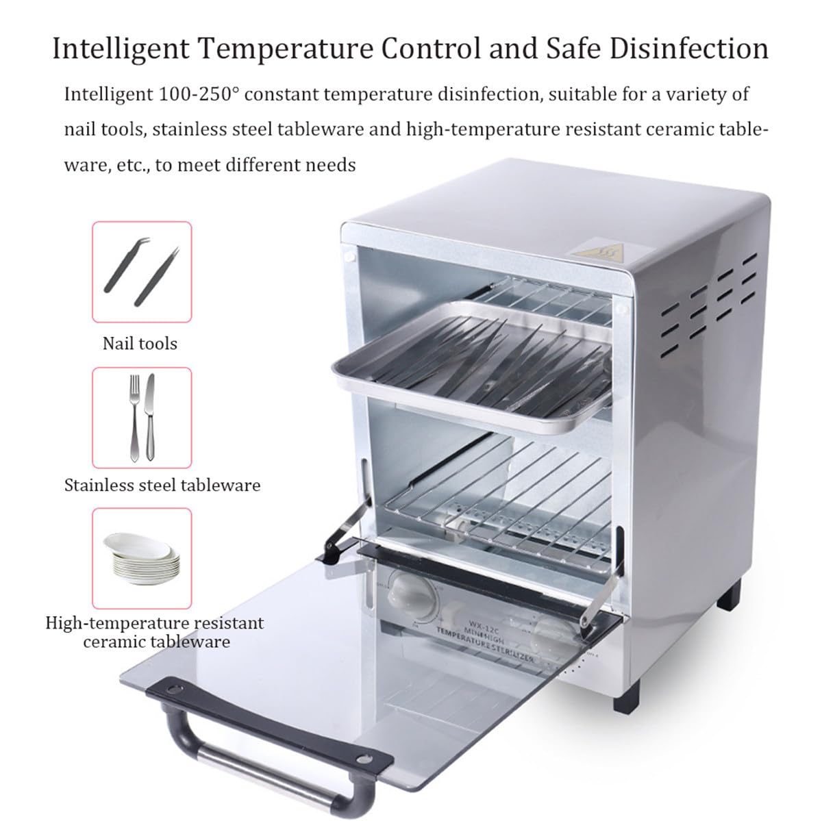 Esterilizador de alta temperatura para herramientas de uñas, esterilizador de calor seco de doble capa de 1000 W, capacidad de 12 litros, 100-250 ℃ con temporizador de 30 minutos para médicos