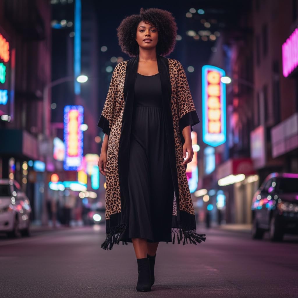 Leopard Velvet Burnout Kimono, Long Cardigan Cover Up with Tassels, Leopard Jacket