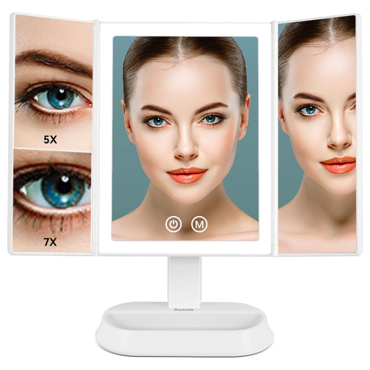 Auxmir Espejo Maquillaje con Luz, 60 Leds, 1X/5X/7X Espejo Aumento Tríptico de Mesa, Control Táctil, 3 Colores de Luz, Brillo Ajustable, Textura de Cuero, Regalo Mujer Blanco