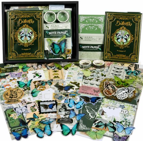 Image of RANDEN journaling kit Aesthetic Stuff Vintage Journal Kit Supplies - 346PCS Scrapbook Stickers & DIY Craft Set for Bullet Journals, Planners, Albums & Notebooks (Green Butterfly)
