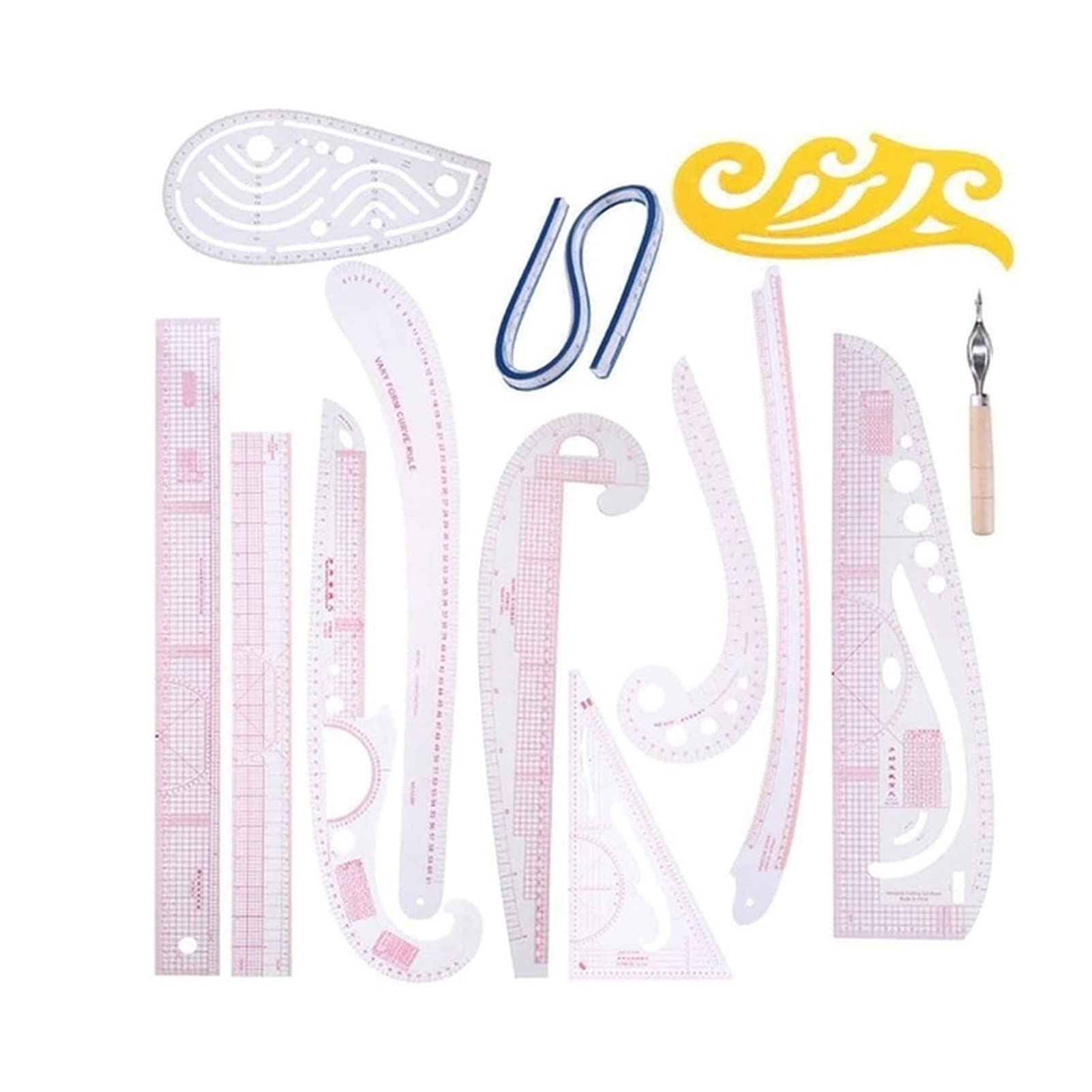 oiujhgCDS Rulers, 13Pcs Line French Curve Ruler Cutting Mat Set Yardstick Sleeve Knife Sewing Tool