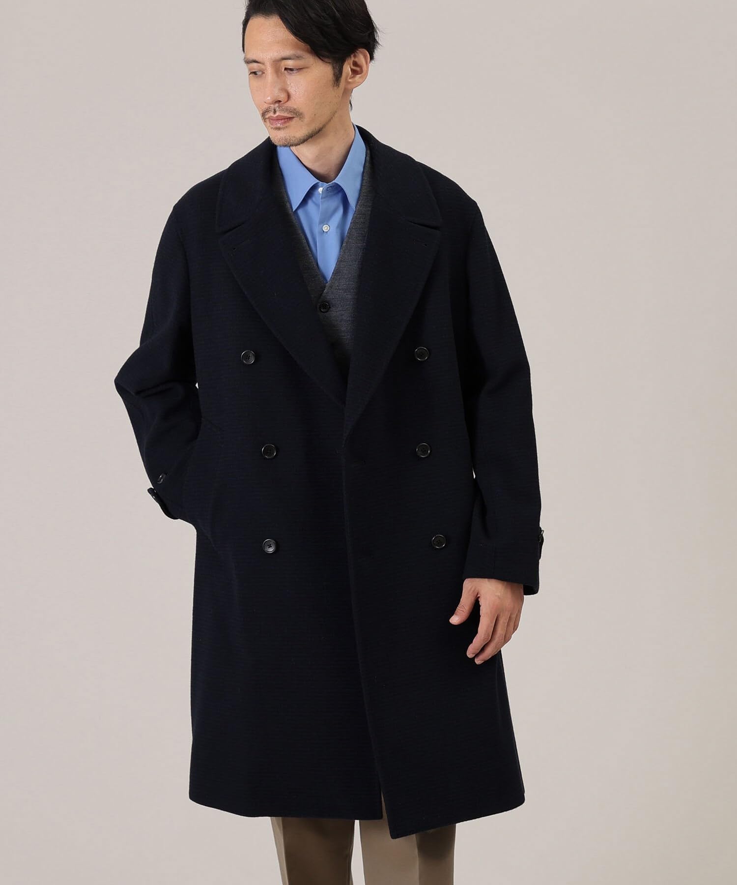 TAKEO KIKUCHI コート ネイビー　Lサイズ ウールカシミヤブレンド】ビーバー調 スタンドカラー コート