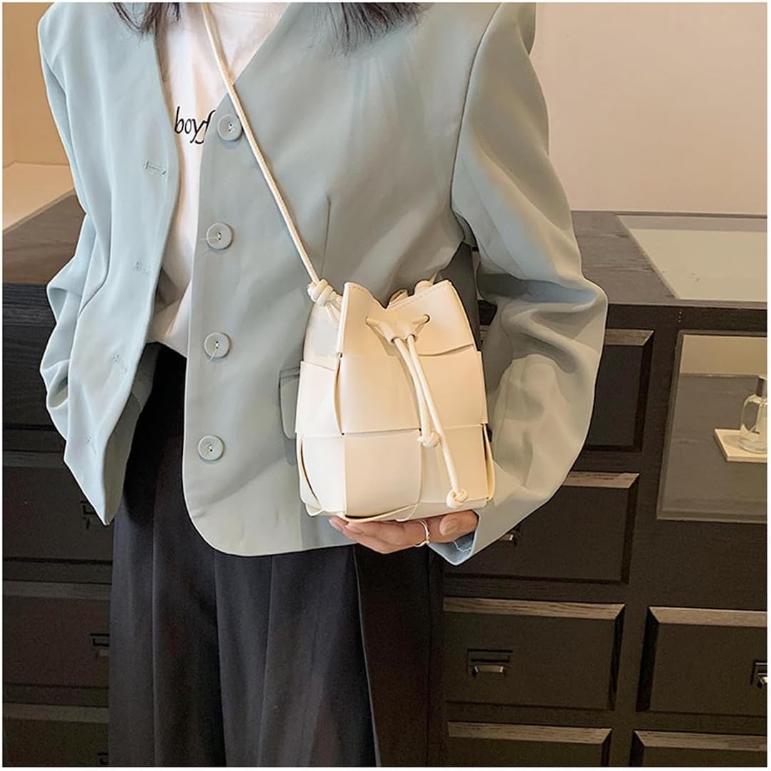 Mini Woven Bucket Bag for Women, PU Leather Small Hobo Handbag Square Lattice Drawstring Crossbody Handbags Soft - Image 5