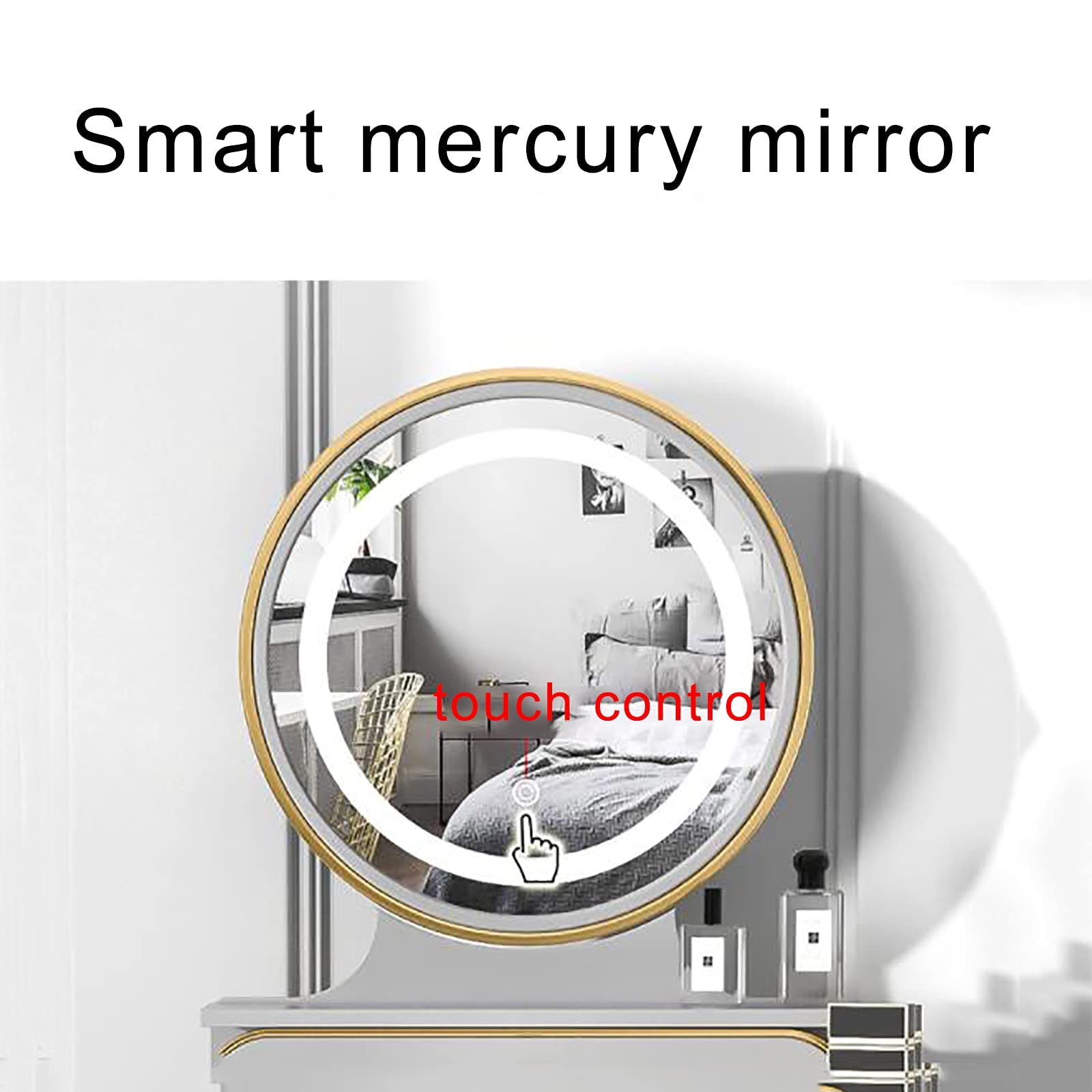 Juego de tocador de maquillaje con espejo de control táctil, cajón de almacenamiento de brillo ajustable, ideal para baño, mujeres y niñas, 3 opciones de color