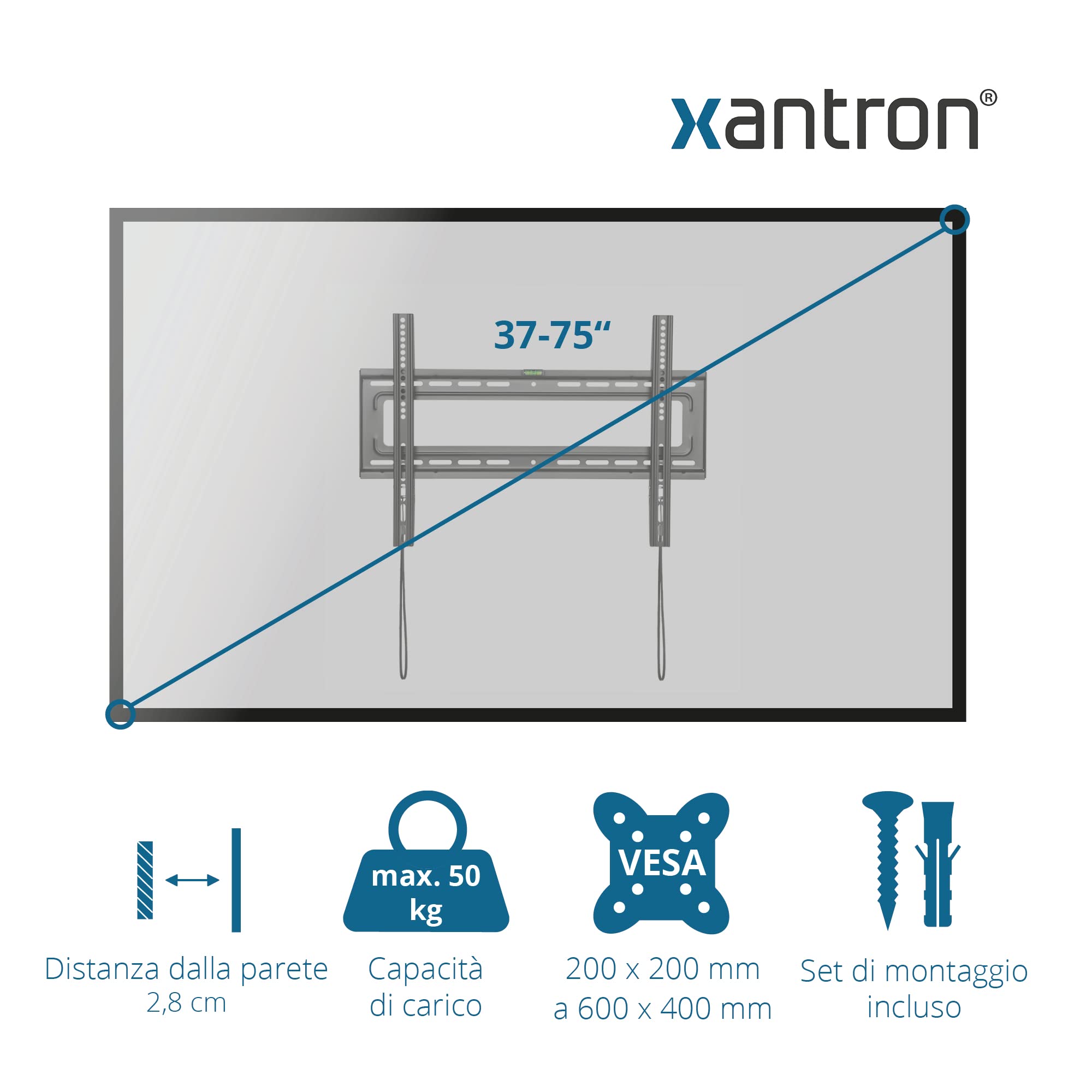 Xantron® STRONGLINE-42 Staffa TV fissa 37-75 pollici/VESA 200x200 a 600x400 / Supporto TV universale max. 50kg / Staffa TV slim - incl. materiale di montaggio