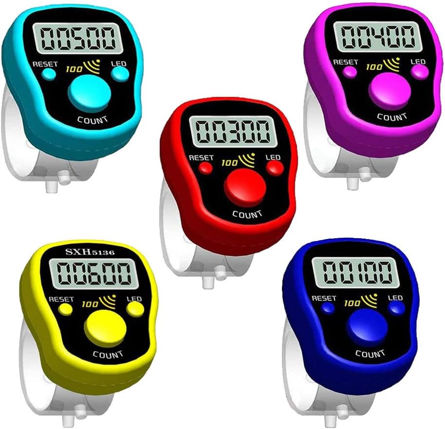 TESEAS Finger Counter Click Manual Digital clicker, 5pack Stitch Tally Knitting Counters Led Re-settable Digits Pitch Electronic LCD Display Finger Number Counter