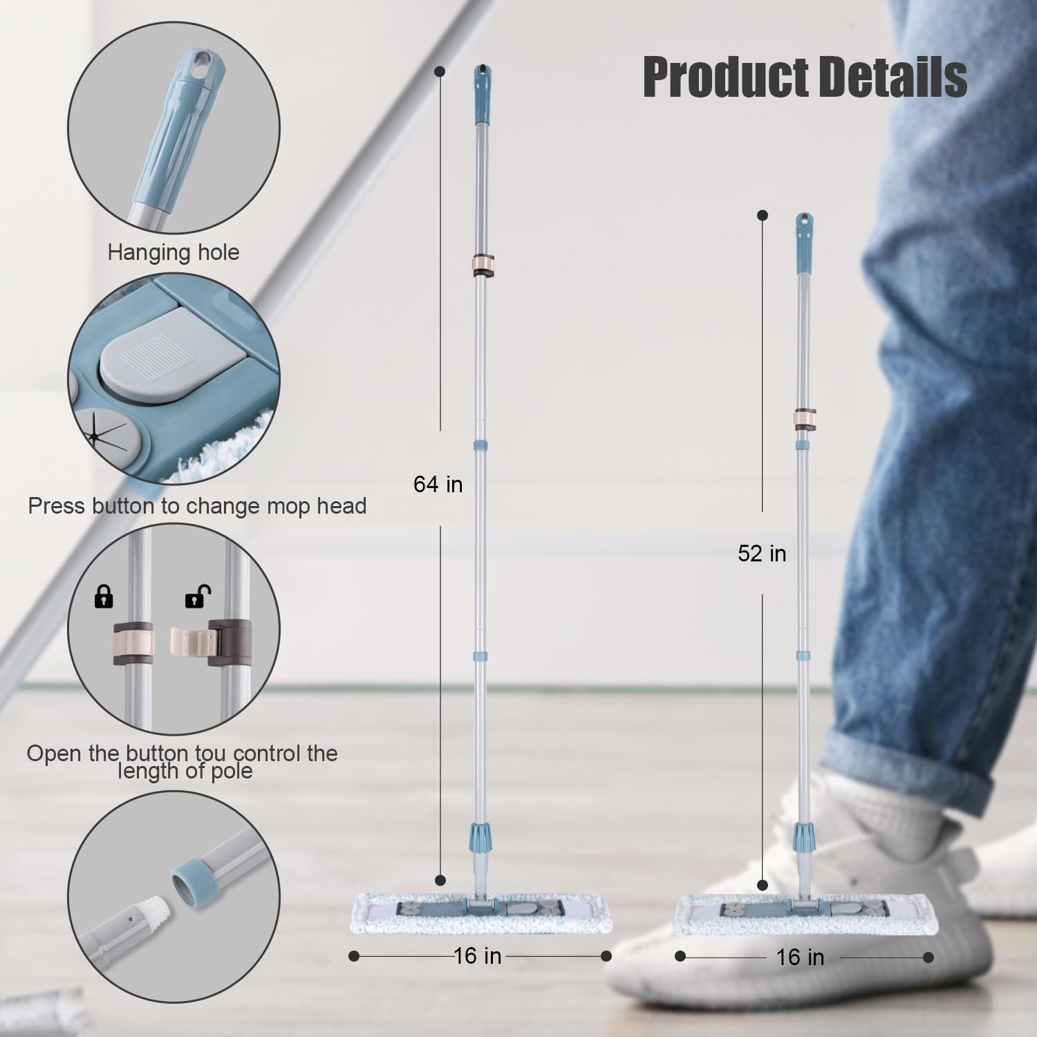 Homilifibra Dust Mop for Floor Cleaning,Magnetic Floor Flat Mop with 2 Washable Pads -Extendable 64‘’ Iron Handle for Hardwood Tile Marble Laminate Floors,Blue&Gray