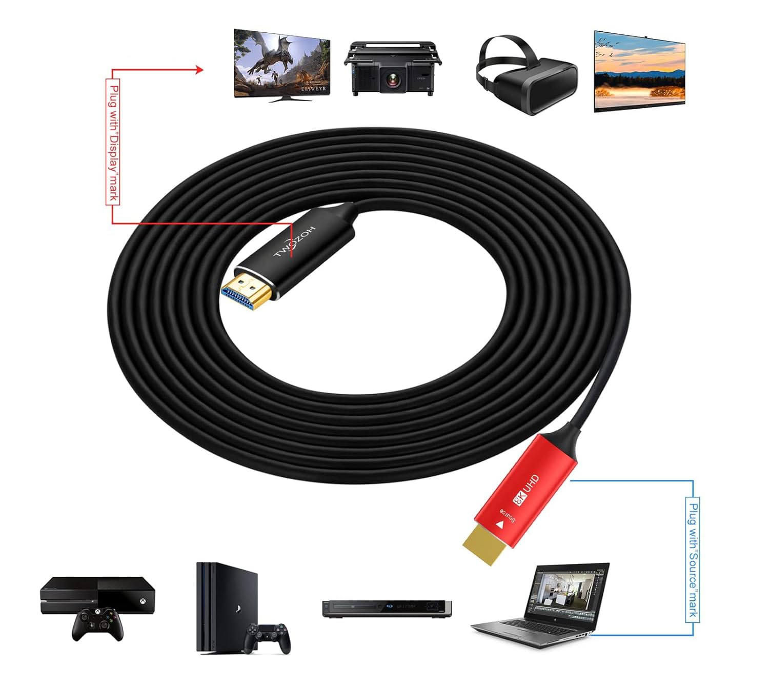 Cable HDMI 2.1 de fibra óptica 20 m, 8K 60Hz 4K 120Hz 48Gbps, cable HDMI de alta velocidad para TV proyector consola y PC