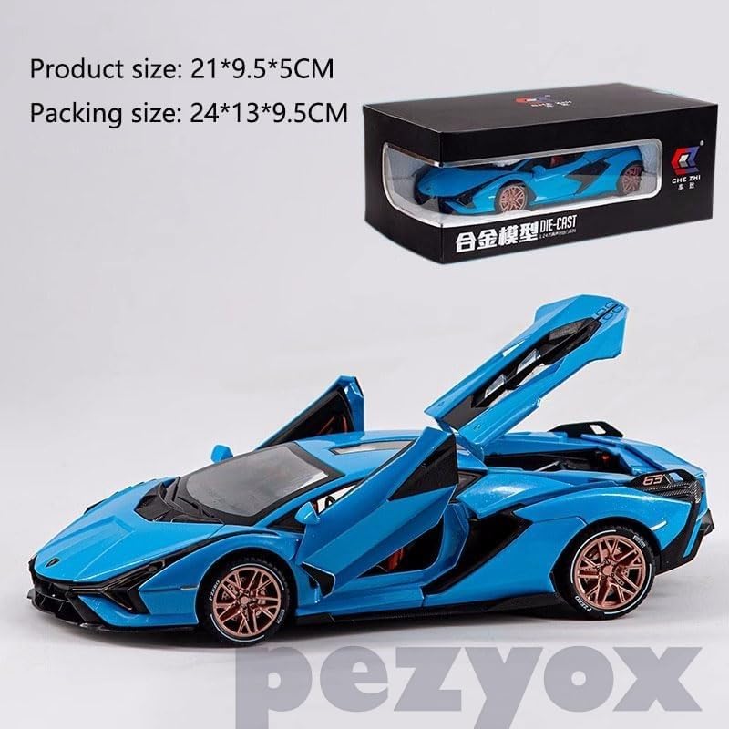Image of 1 /24 Big Lamborghini SIAN Toy Car Metal Pull Back Diecast Car with Openable Door and Sound Light, Gifts Toys for Kids (Blue)
