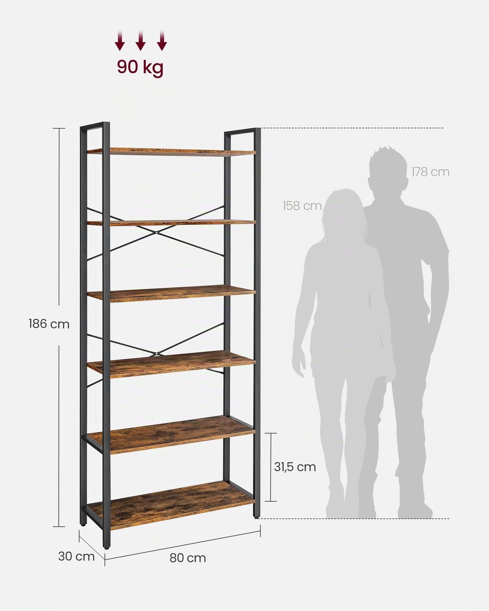 VASAGLE Libreria Alta a 6 Ripiani, Scaffale Portaoggetti, Struttura in Acciaio, Salotto Camera da Letto Studio, 30 x 80 x 186 cm, Industriale, Marrone Vintage e Nero Inchiostro LLS082B01