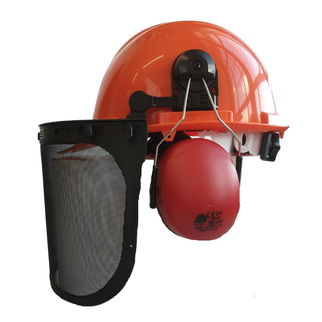 Viwanda Kettensägen-Schutzhelm Forsthelm, Forstschutzhelm mit Maschenvisier, Kapselgehörschutz und Kinnriemen - Gehörschutzmanschette und Netzvisier, orange, Einheitsgröße