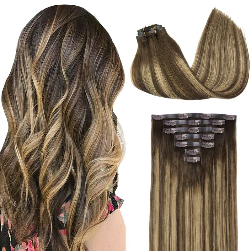 GOO GOO Extensiones de cabello humano real Remy sin costuras, con trama de piel sintética invisible, 18 pulgadas, marrón chocolate mezclado con