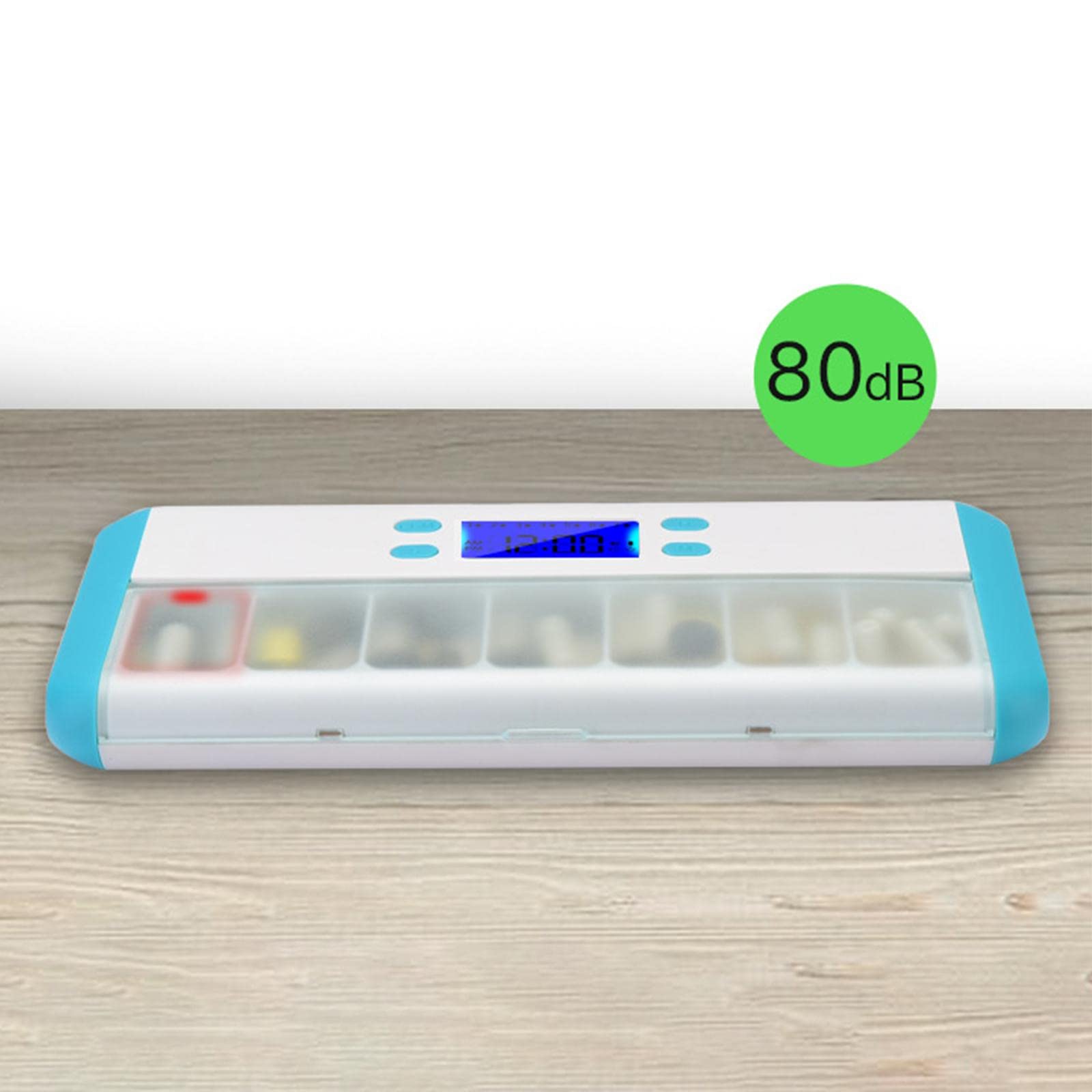 Qianly Pills Reminder Case Portapillole Settimanale con Allarme Intelligente Timer Box Farmaci 7 Scomparti Vibrazione E Luce Lampeggiante Funzione Push, Bianco blu
