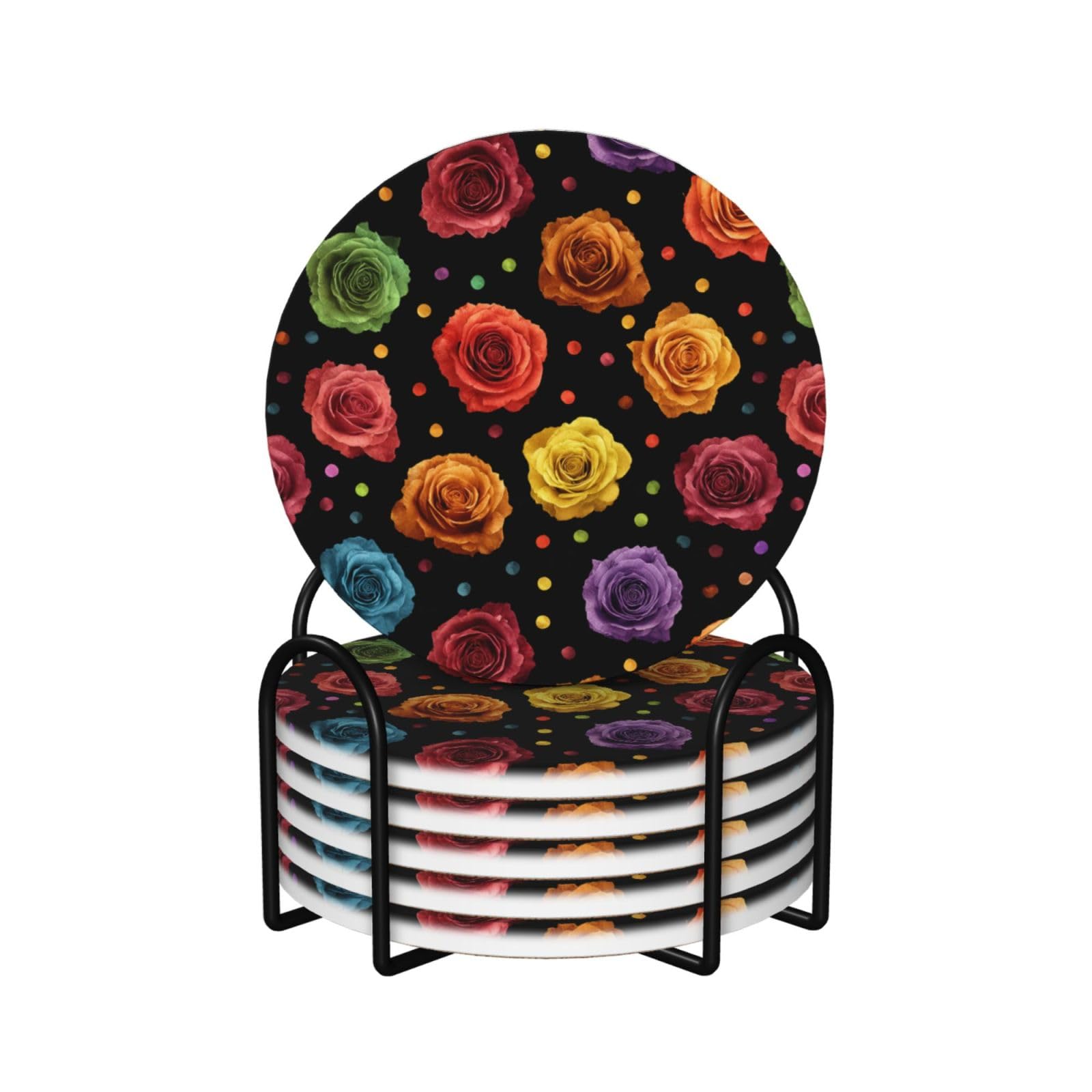 Rose Rainbow Color Polka Dots Ceramic Coasters with Holder 6ps