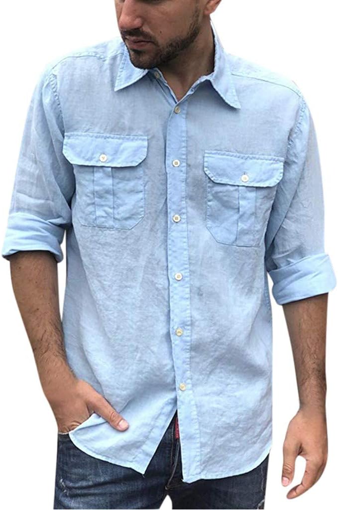 Men's Casual Shirts Fashion Ethnic Style Slim Fit Chest Pocket Button Turn Down Long Sleeve Tops