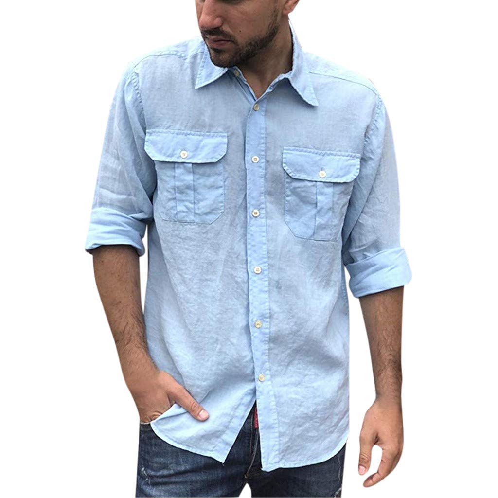 Men's Casual Shirts Fashion Ethnic Style Slim Fit Chest Pocket Button Turn Down Long Sleeve Tops