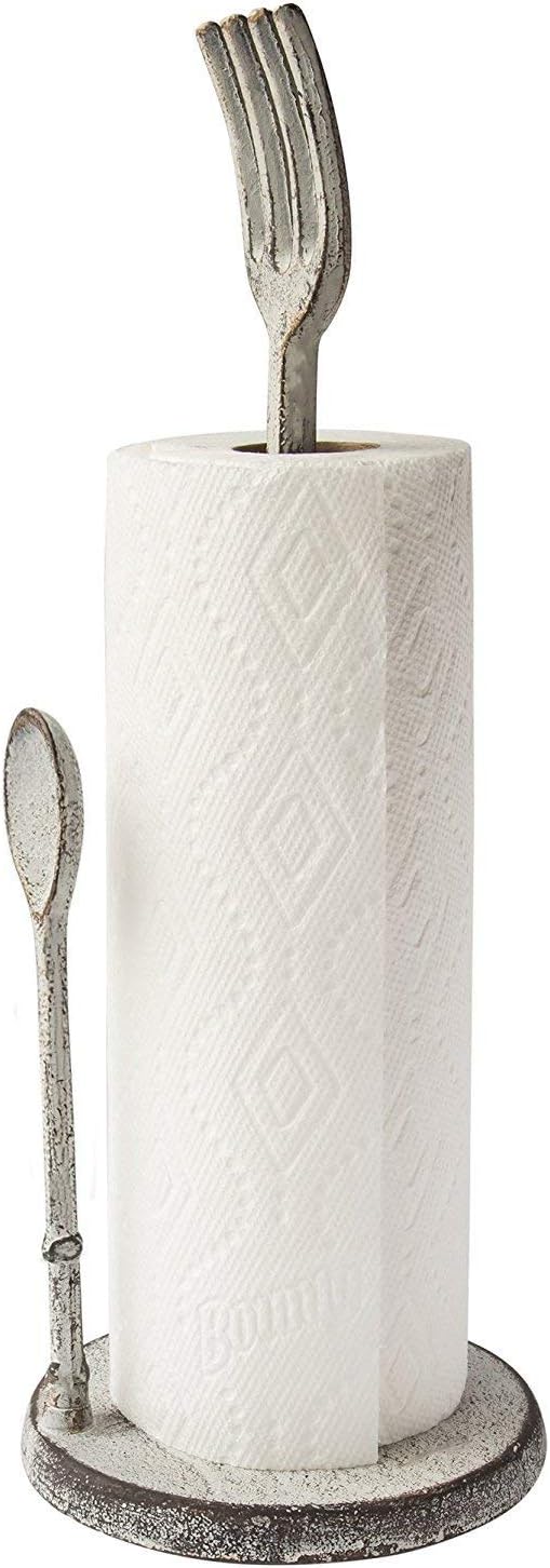 Comfify Paper Towel Holder - Fork and Spoon - Rustic Cast Iron - Decorative Vertical Upright Paper Towel Holder Stand for Kitchen Countertop - 6.5” Base / 15.75” Tall (Antique White)