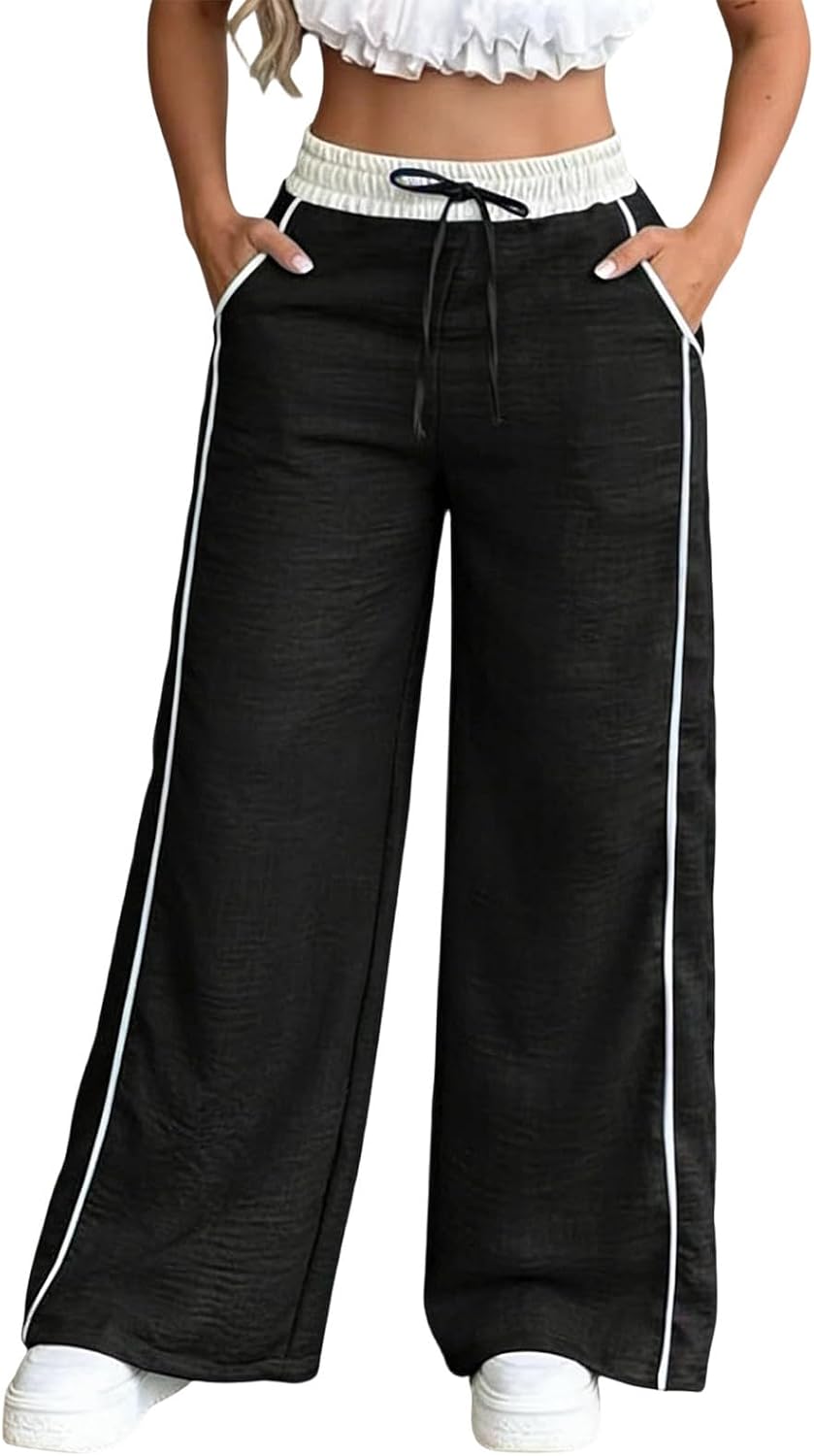 Women's Baggy Wide Leg Pants Casual Drawstring Elastic Waisted Contrast Color Workout Y2K Track Pants with Pockets