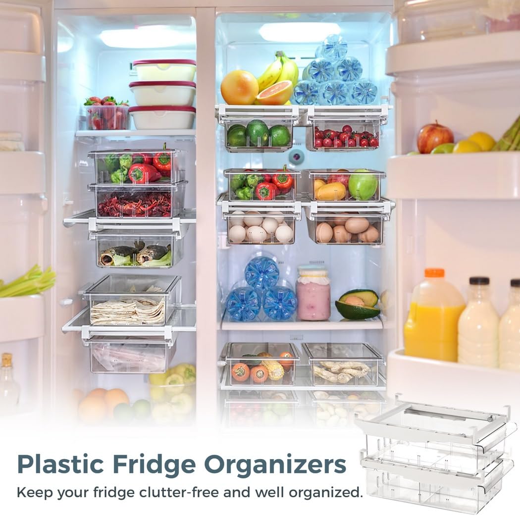 Contenedores para cajones de nevera con asas y divisores, 2 bandejas organizadoras transparentes para congelador, para frutas, verduras y huevos