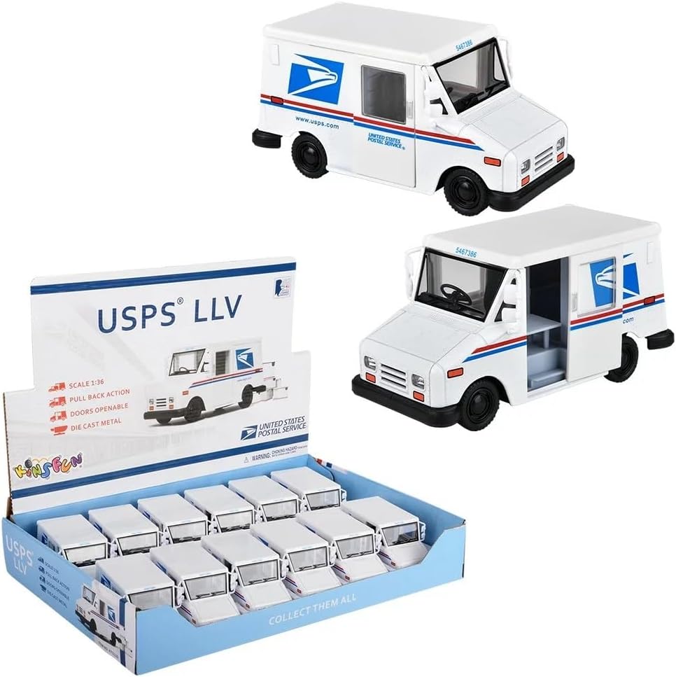 Diecast Pull Back US Postal Service Mail Delivery Truck (5") Metal United States Post Office Truck with Pullback Motion. US Postal Service LLV 1:36 Scale (6 Pack)