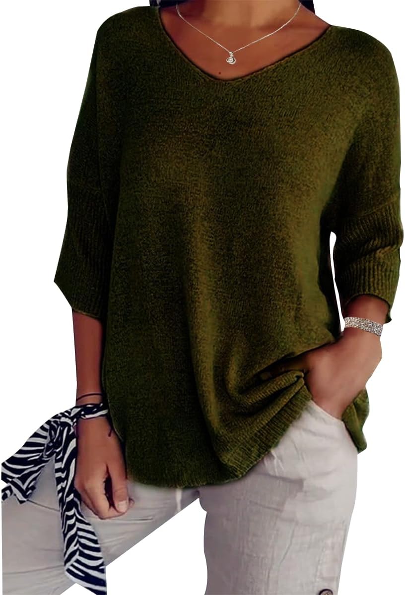 Womens Vintage Sweater 3/4 Sleeve V Neck Solid Tunic Tops Loose Fit Lounge Casual Basic Tops Lightweight Sweaters
