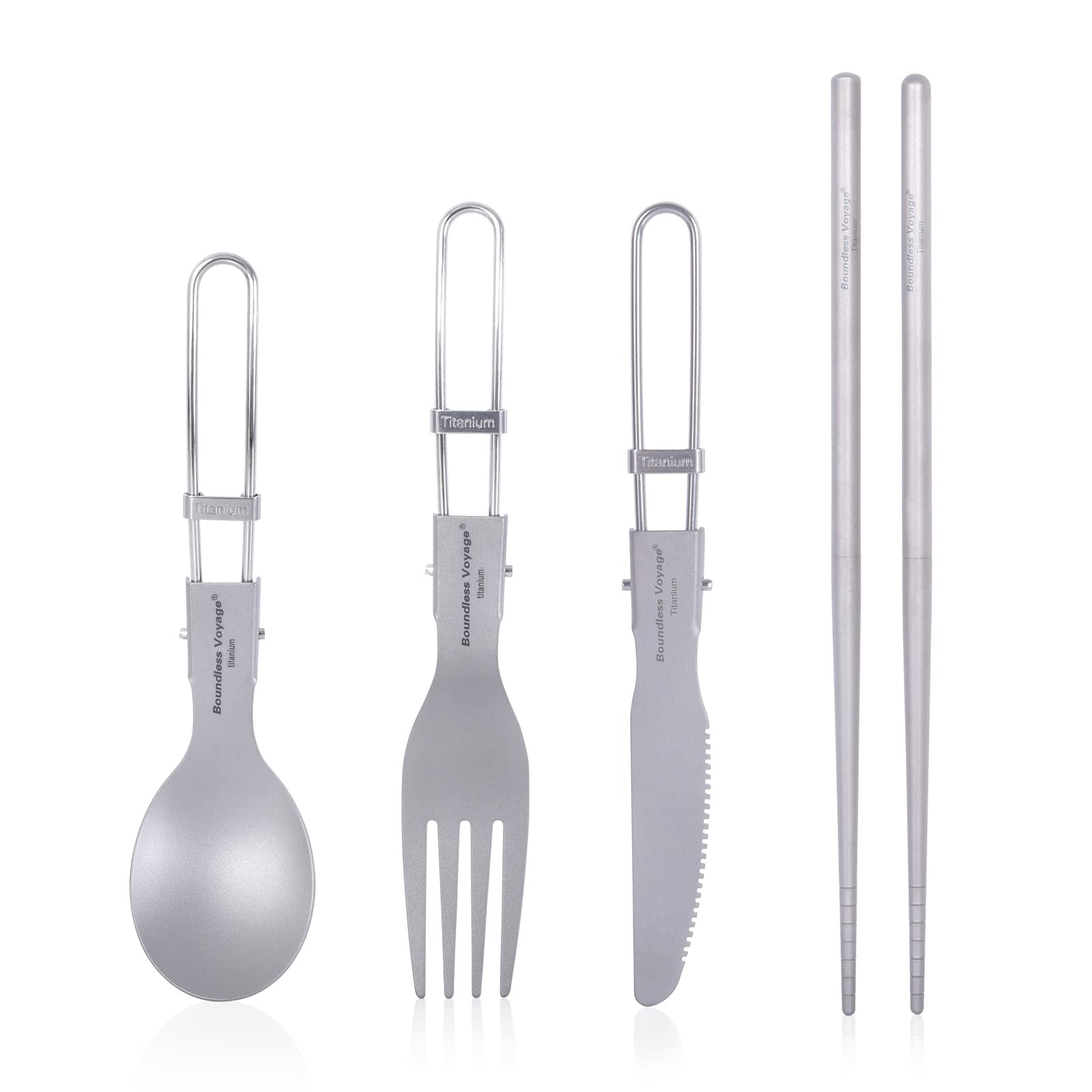 iBasingo Camping Cutlery Set Titanium Folding Knife Fork Spoon 2-Section Chopsticks Outdoor Travel Portable Tableware Small Lightweight Flatware Business Trip Picnic Hiking Fishing Dinnerware Ti1123T — image 1