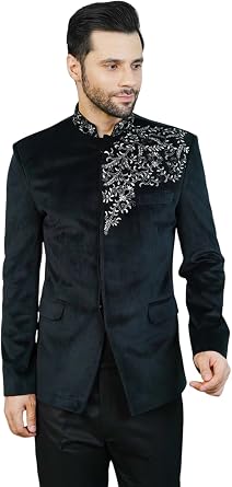 WINTAGE Mens Velvet Black Embroidry Bandhgala Blazer from XS to 10XL