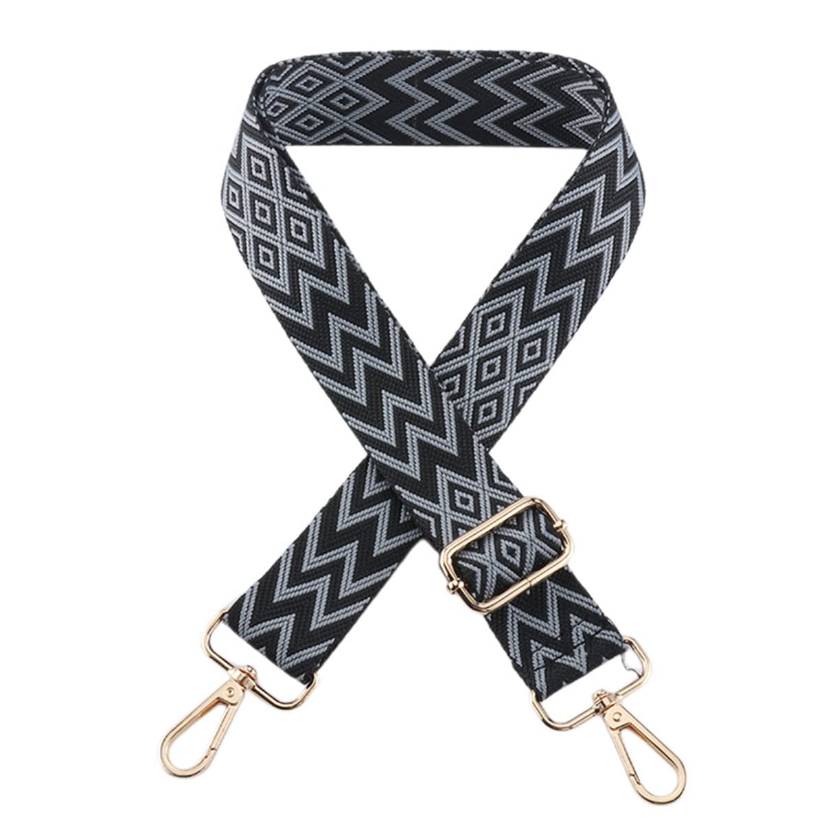 1pc Extendable Zigzags Jacquard Bag Strap with Clasps Geometric Webbing Belt for Shoulder Crossbag Messenger Bag Replacement (Black Blue)